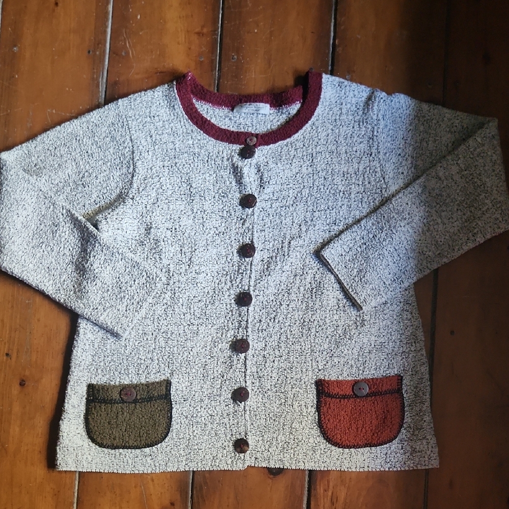 Elegant Cream Cardigan with Red and Brown Accents
